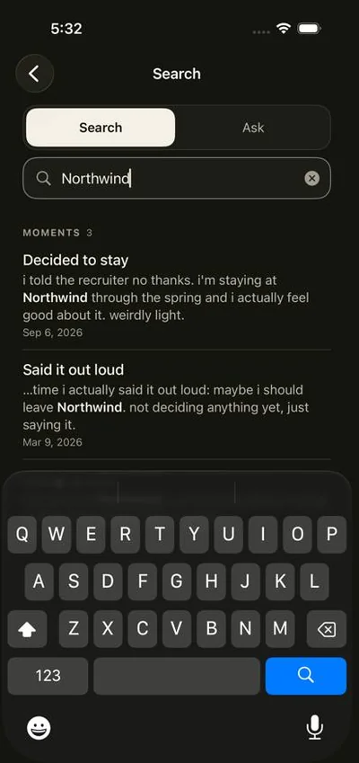 Search highlights exact words from saved moments